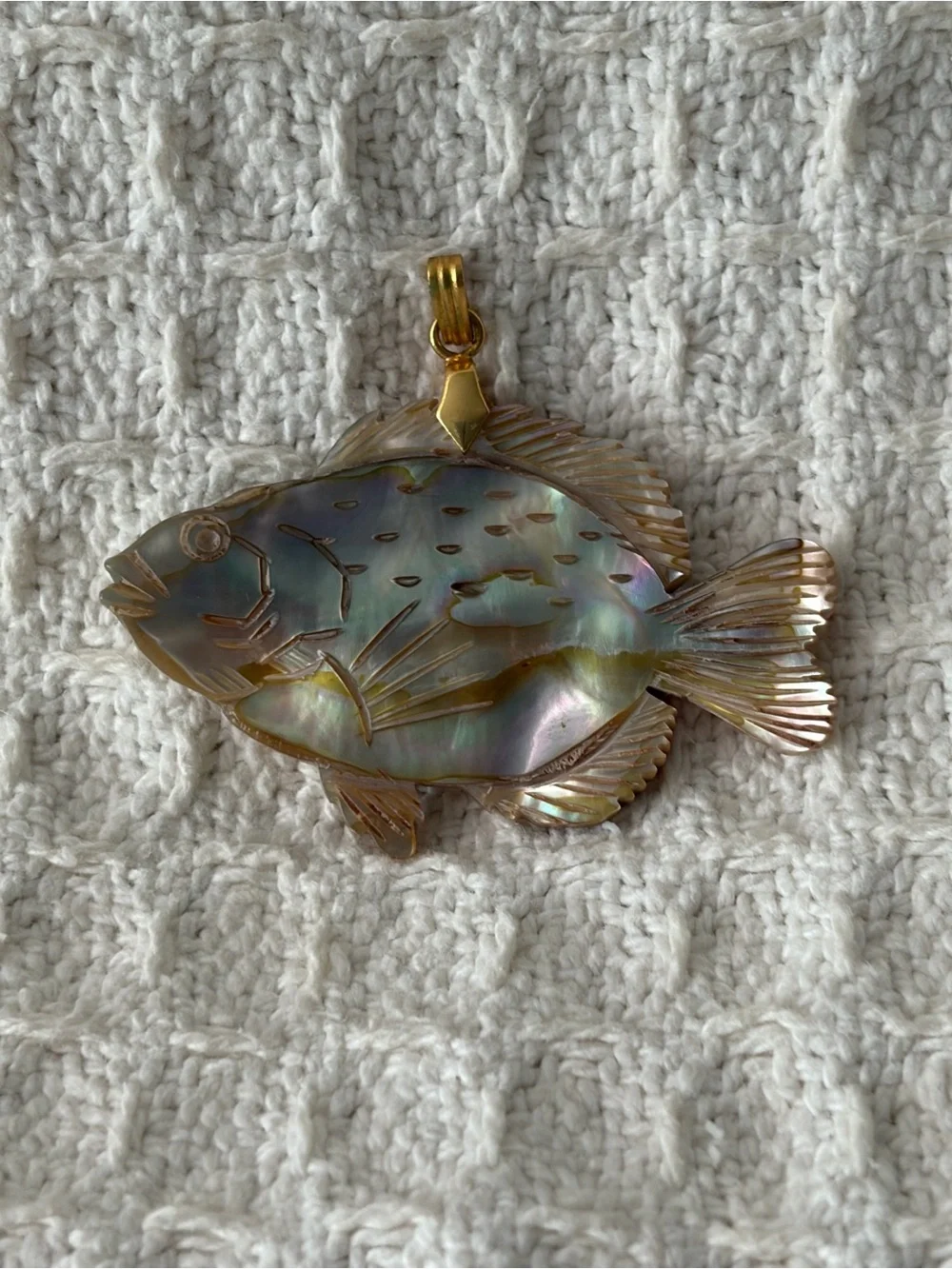 Vintage Carved Iridescent Abalone Shell Fish Pendant On A Gold Tone Bail